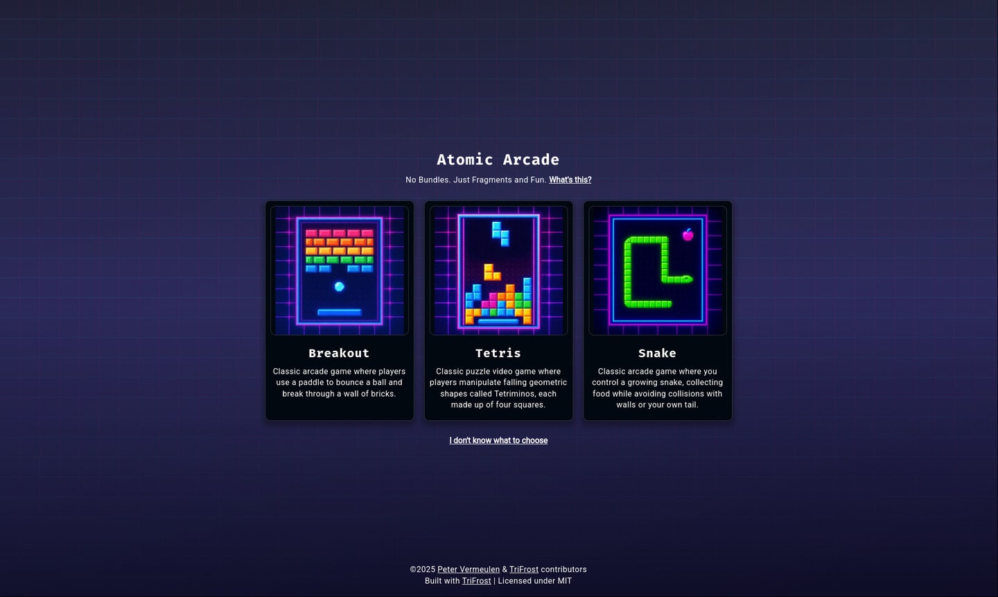 Home screen of Atomic Arcade with games menu