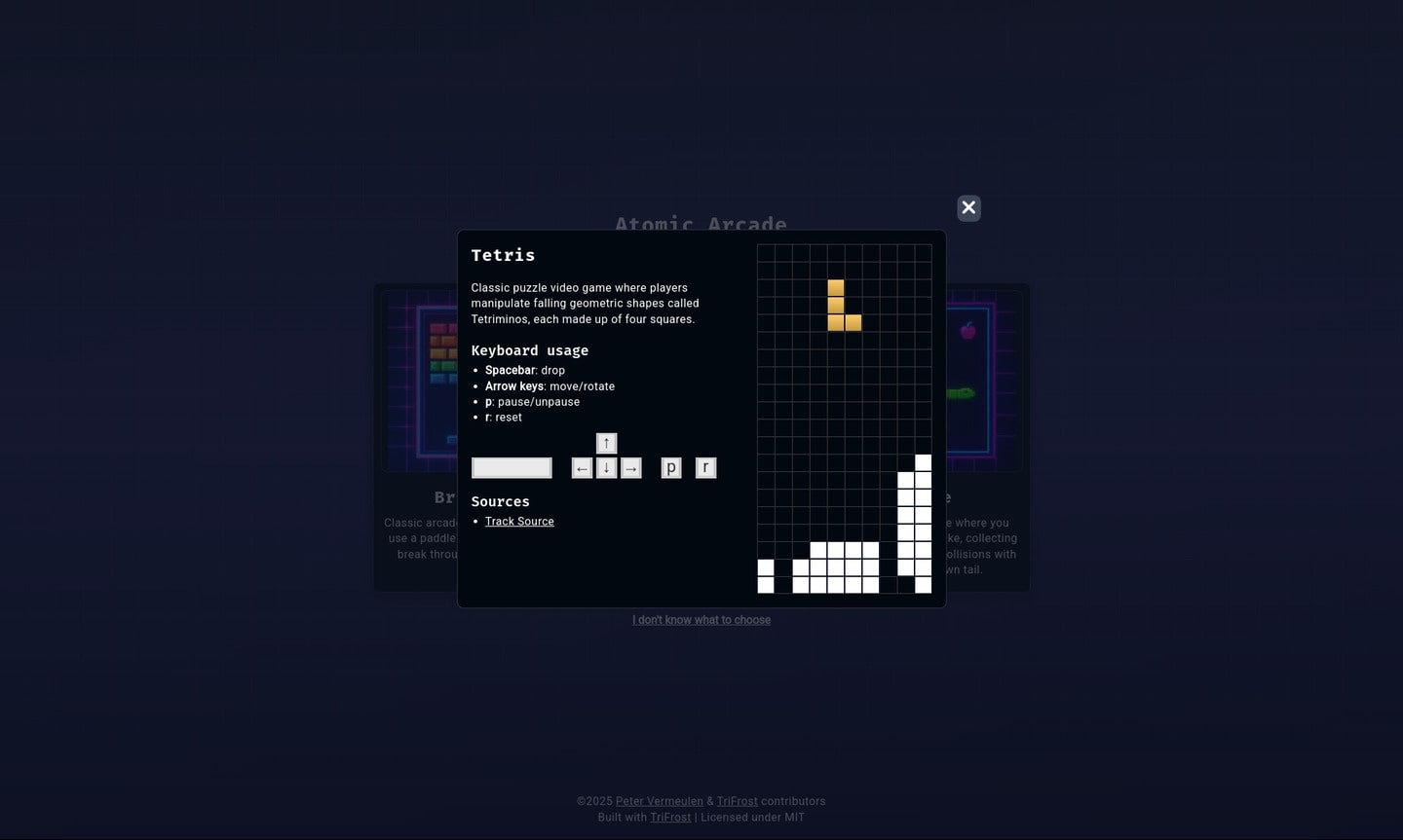 Tetris game running in a canvas with atomic controls